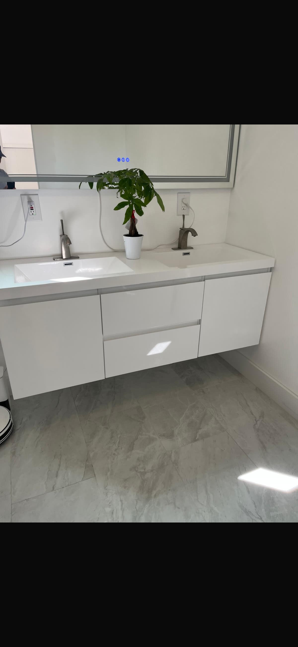 Bath remodel floating vanity and LED mirror